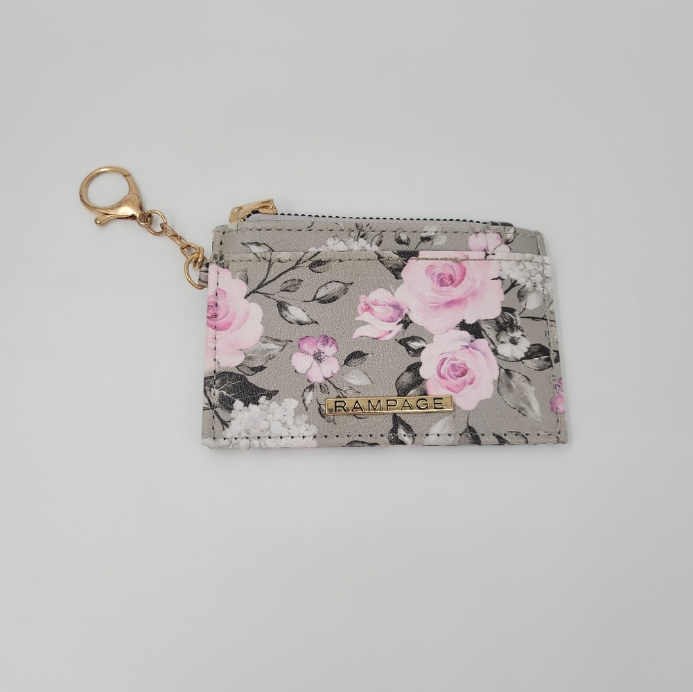Rampage Floral Gray & Pink Card Holder Keychain ID Card Holder Zip Up Coin Purse - Picture 2 of 11